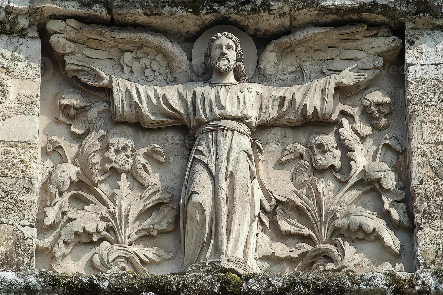A stone carving of an angel with wings photo