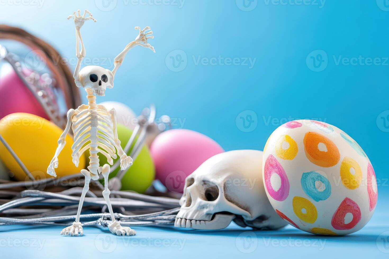 A skeleton with a basket of eggs and a skeleton with a basket of eggs photo