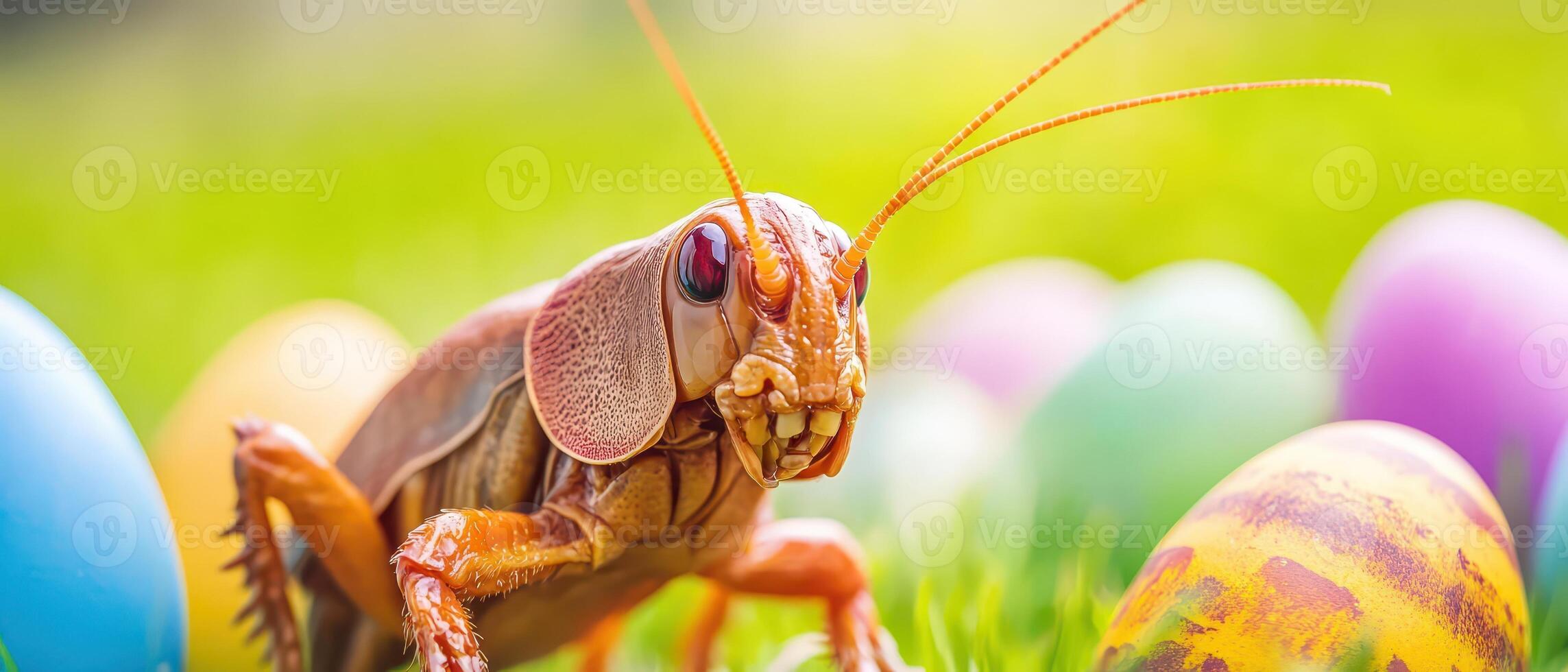 Grasshopper in the grass with colorful eggs photo