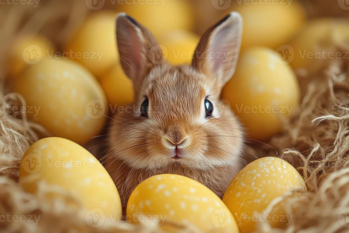 A brown rabbit is sitting in a nest of yellow eggs photo
