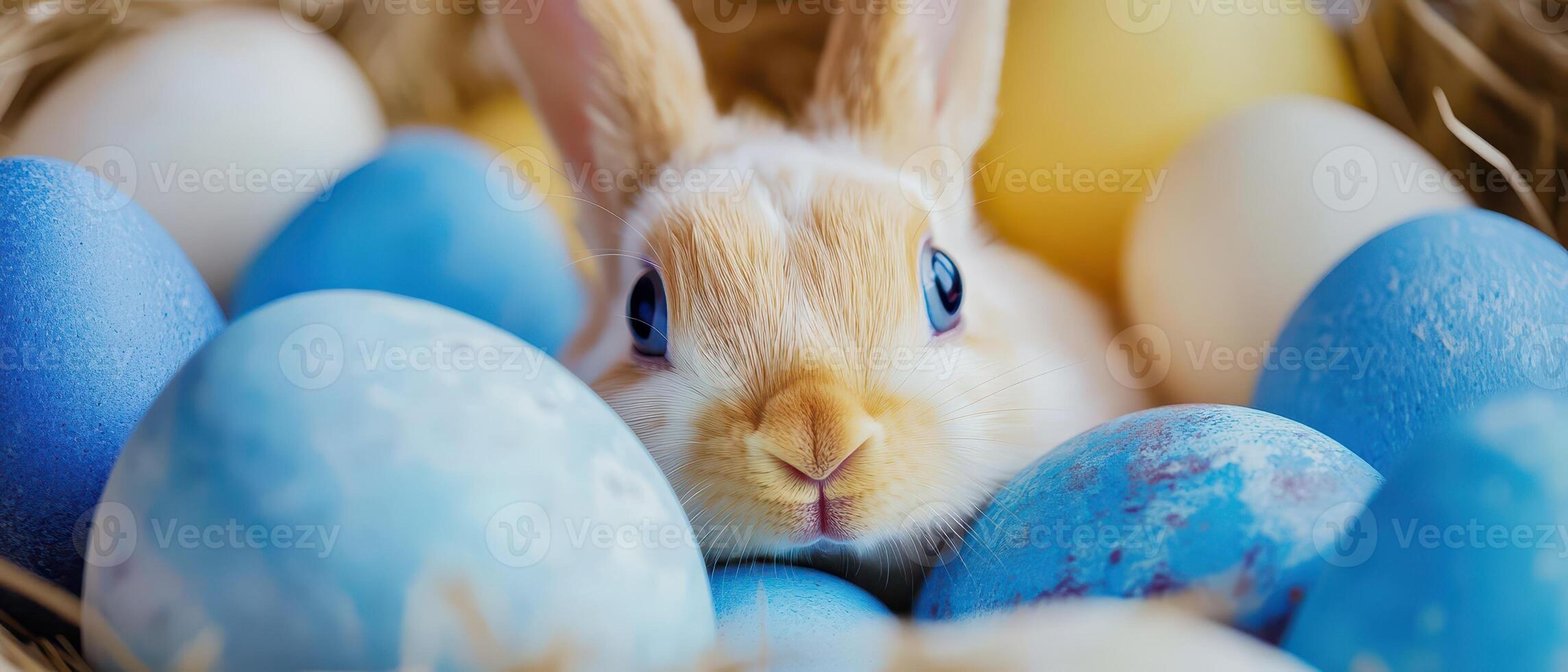 A bunny is hiding in a nest of colorful eggs photo