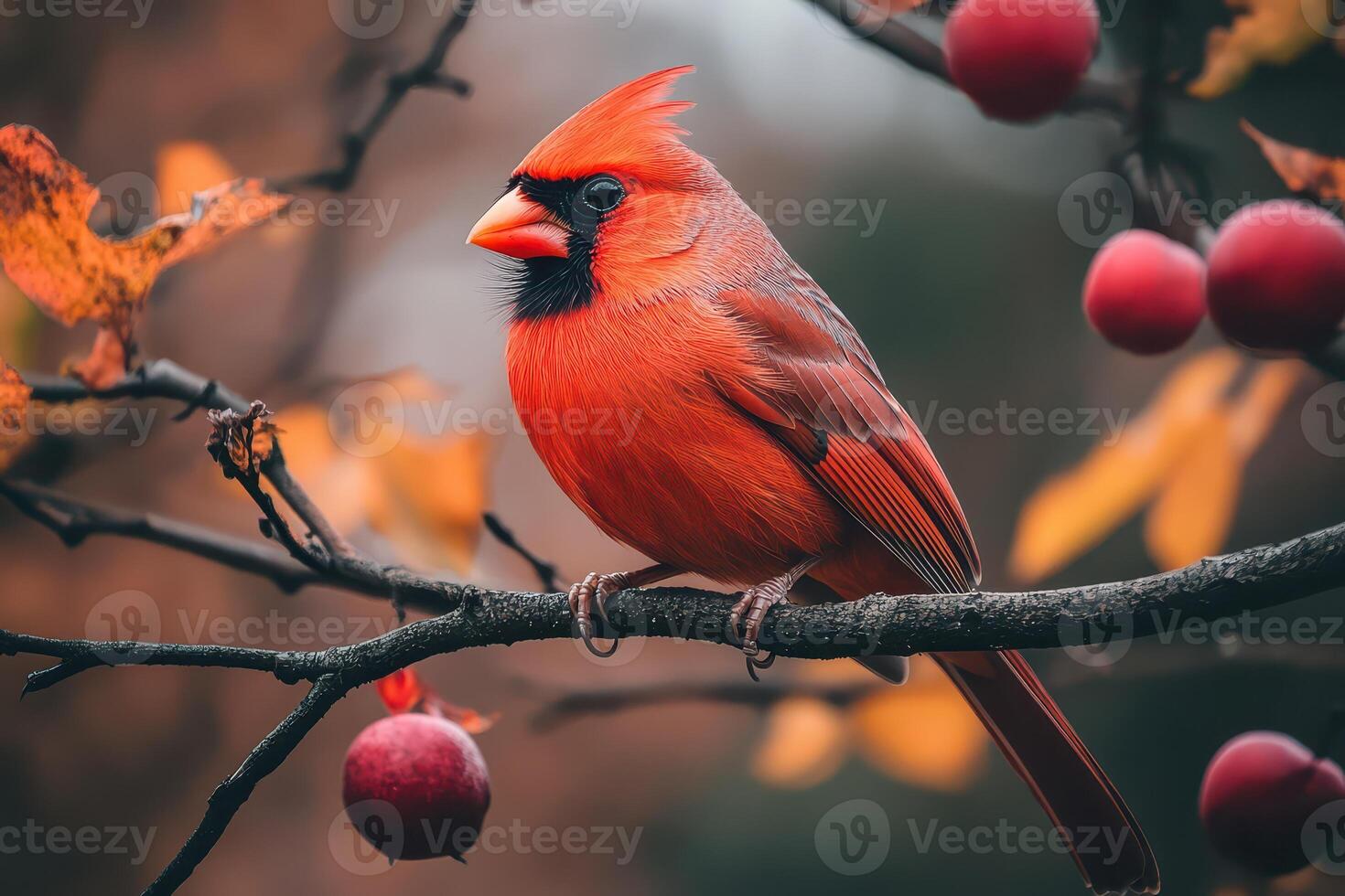 A red bird sits on a branch with red berries photo