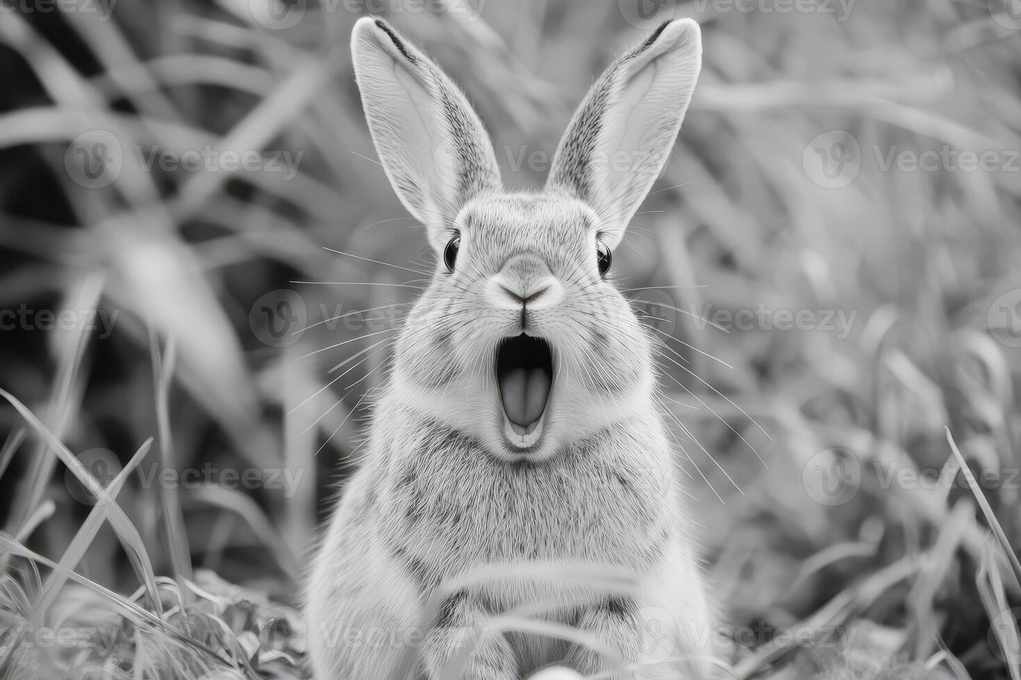 A black and white photo of a rabbit with its mouth open
