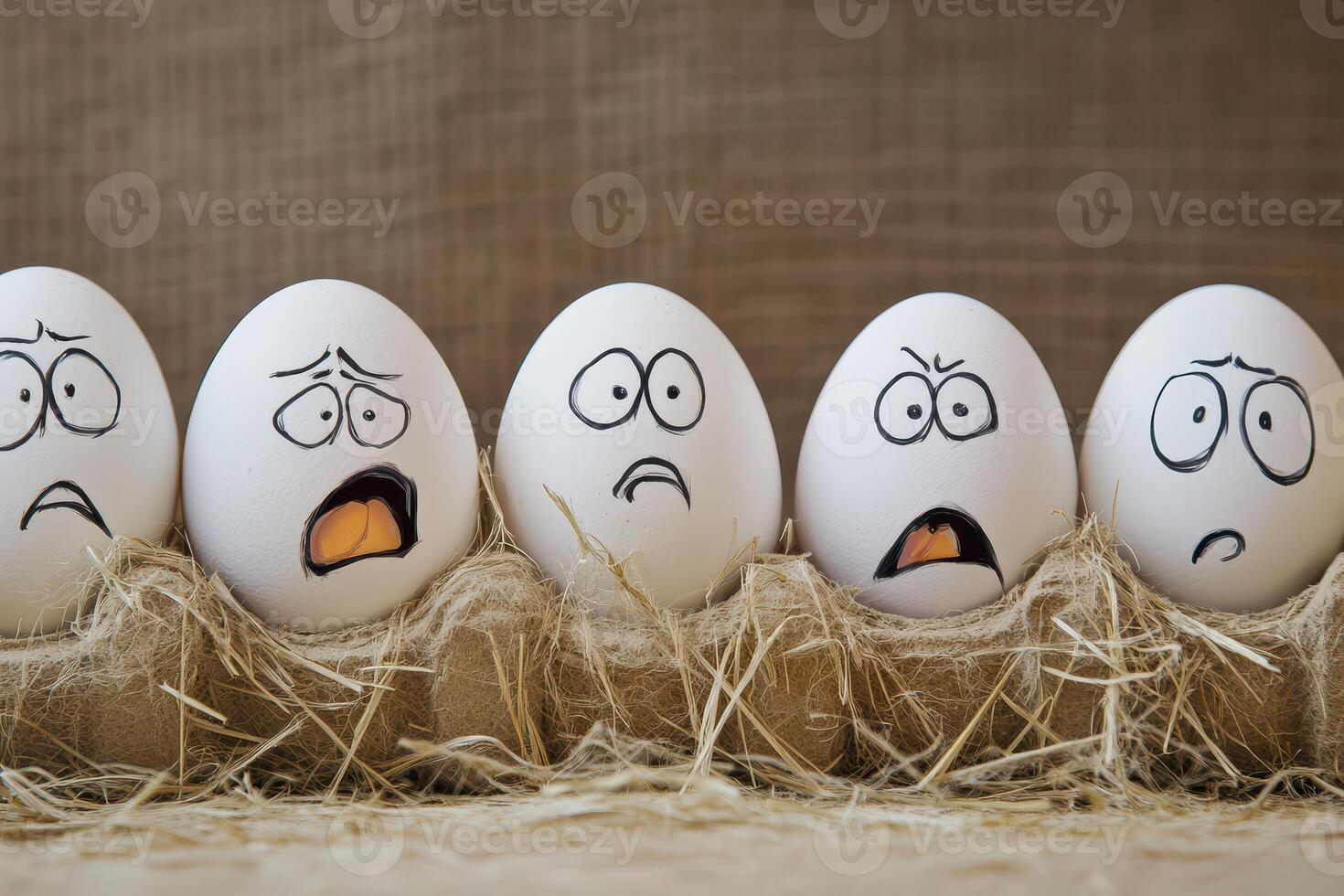 Five white eggs with faces drawn on them photo