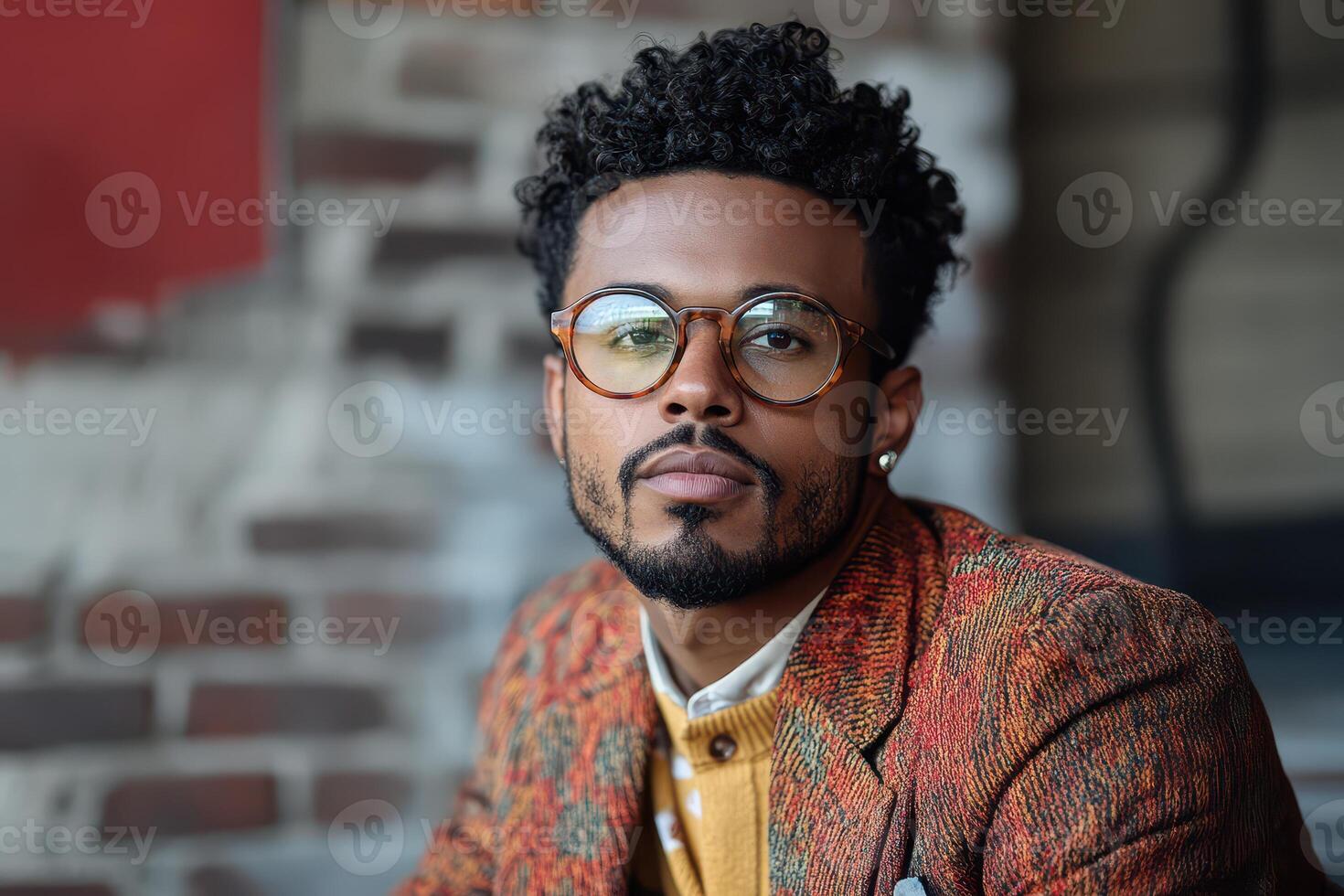 A man with glasses and a jacket sitting on a bench photo