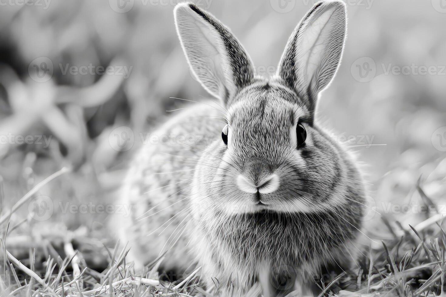 A black and white photo of a rabbit