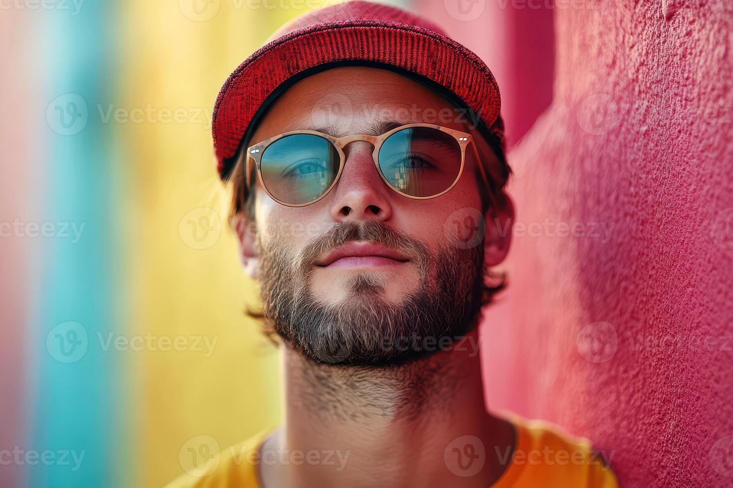 A man with a beard and sunglasses is standing in front of a colorful wall photo