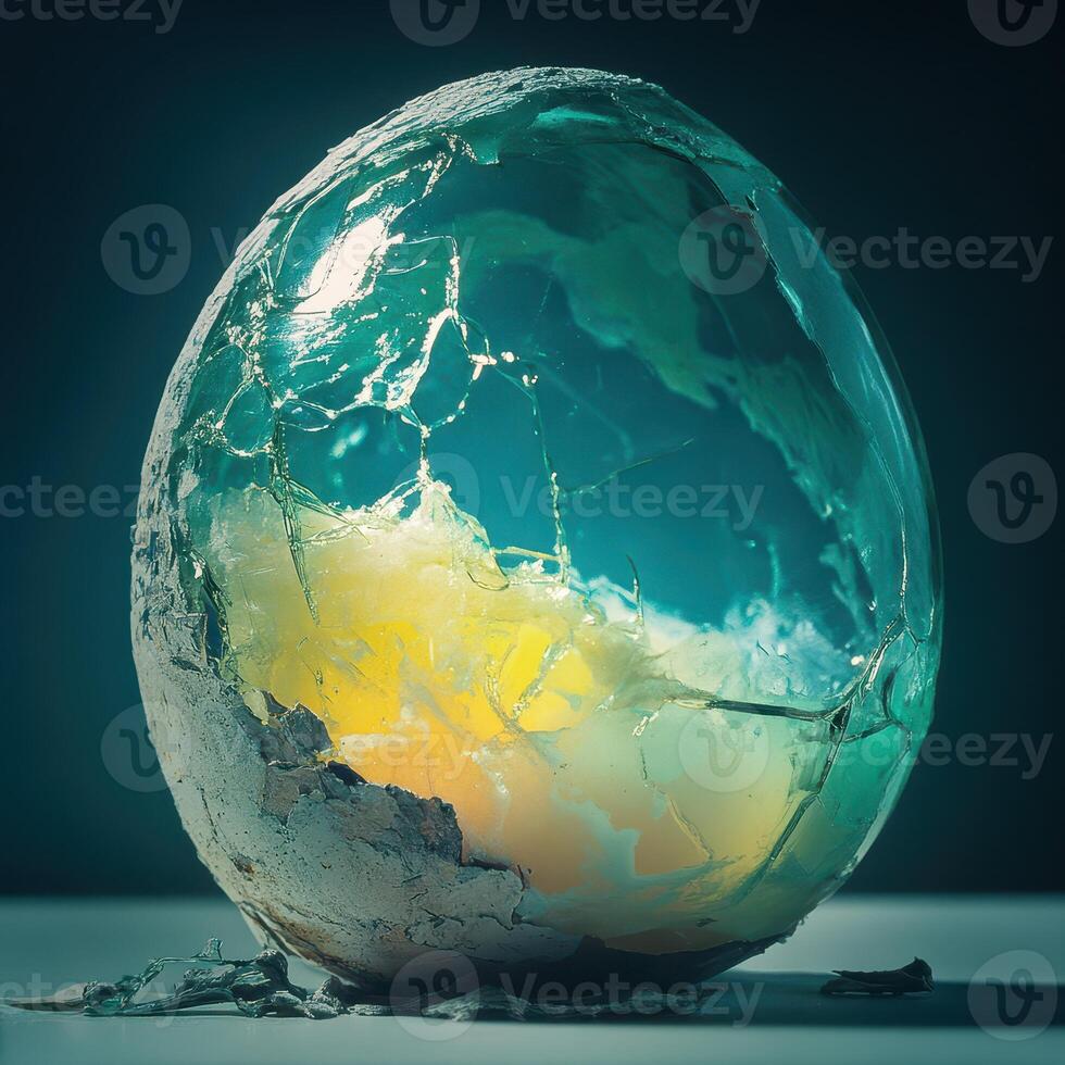 A broken egg with a yellow light inside photo