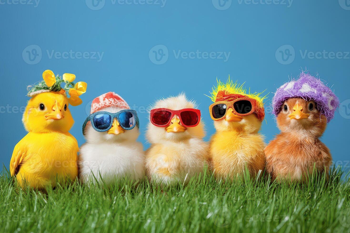 Five little chicks wearing sunglasses and hats on grass photo
