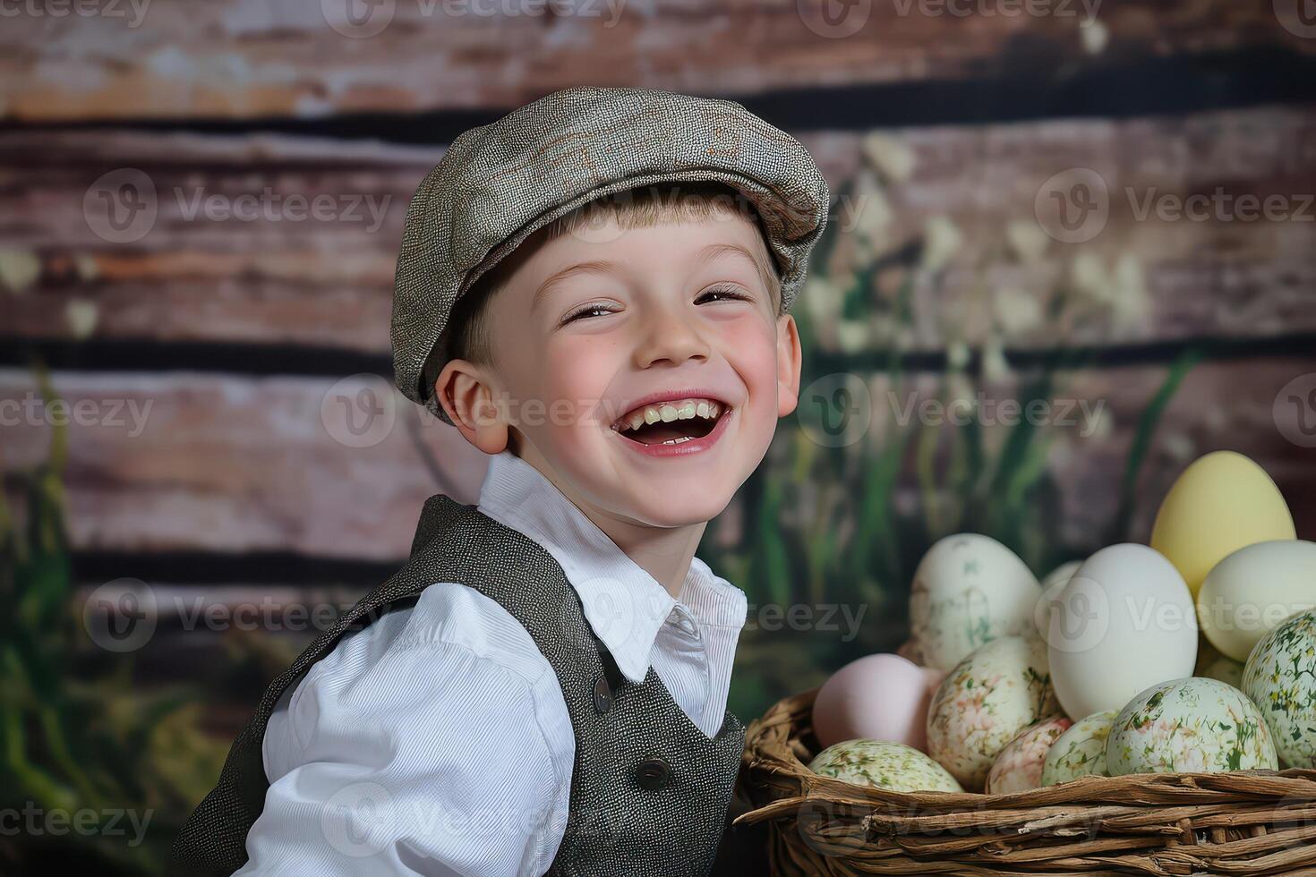 A boy is smiling while holding a basket of eggs photo
