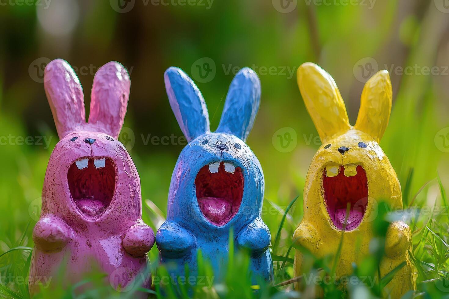 Three colorful plastic easter bunnies in the grass photo