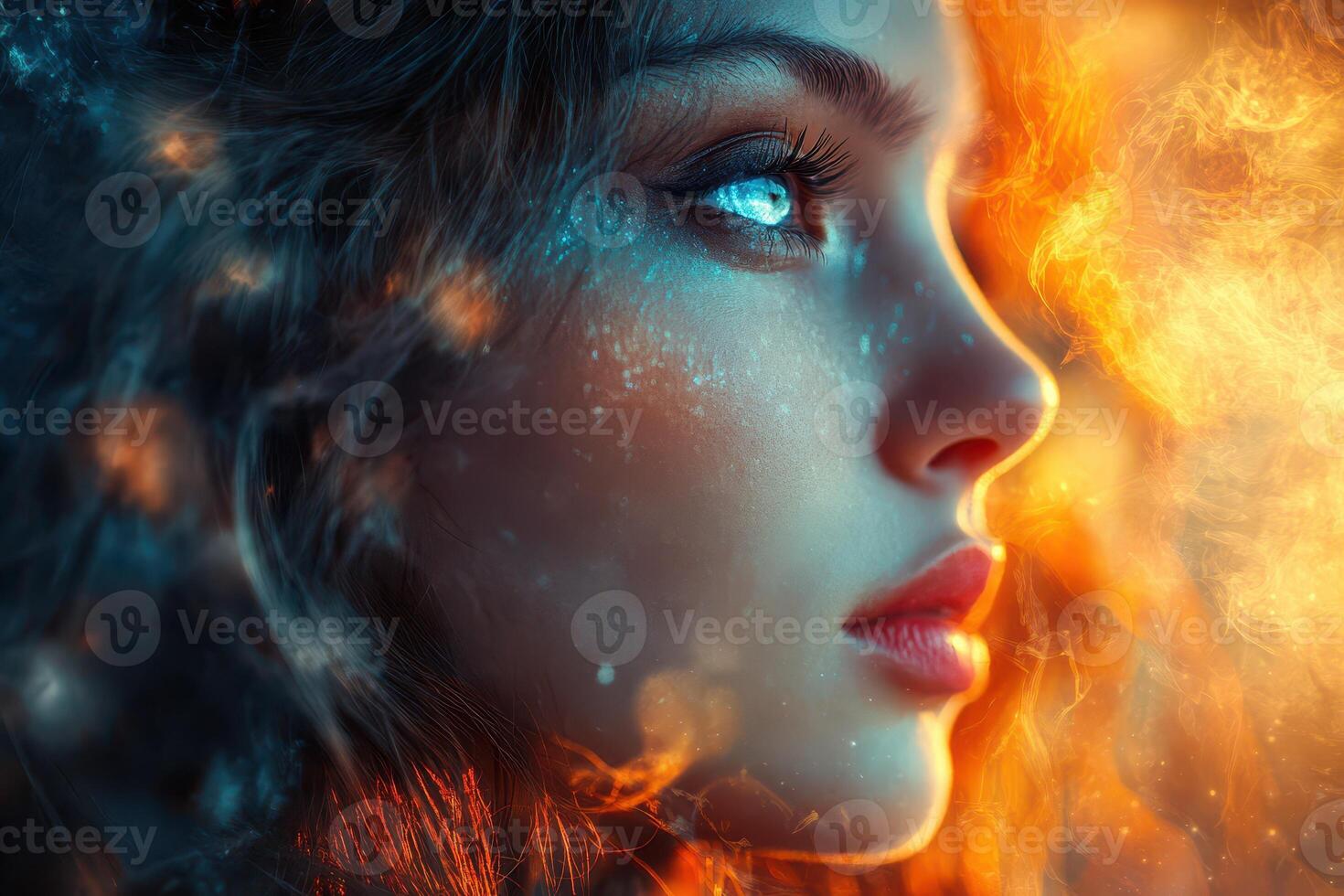 A woman with blue eyes and fire in her hair photo