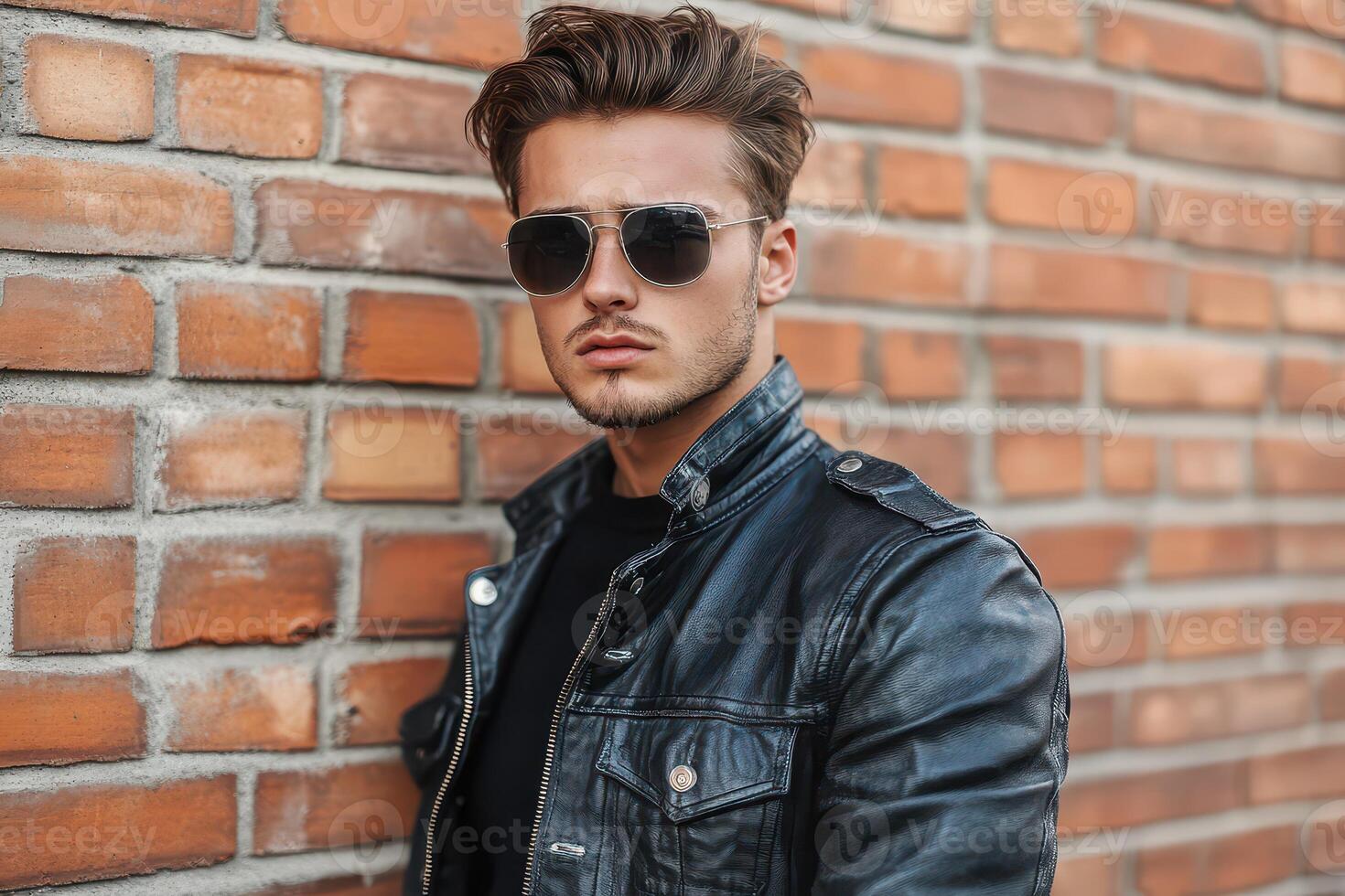 Handsome young man in black leather jacket and sunglasses against brick wall photo