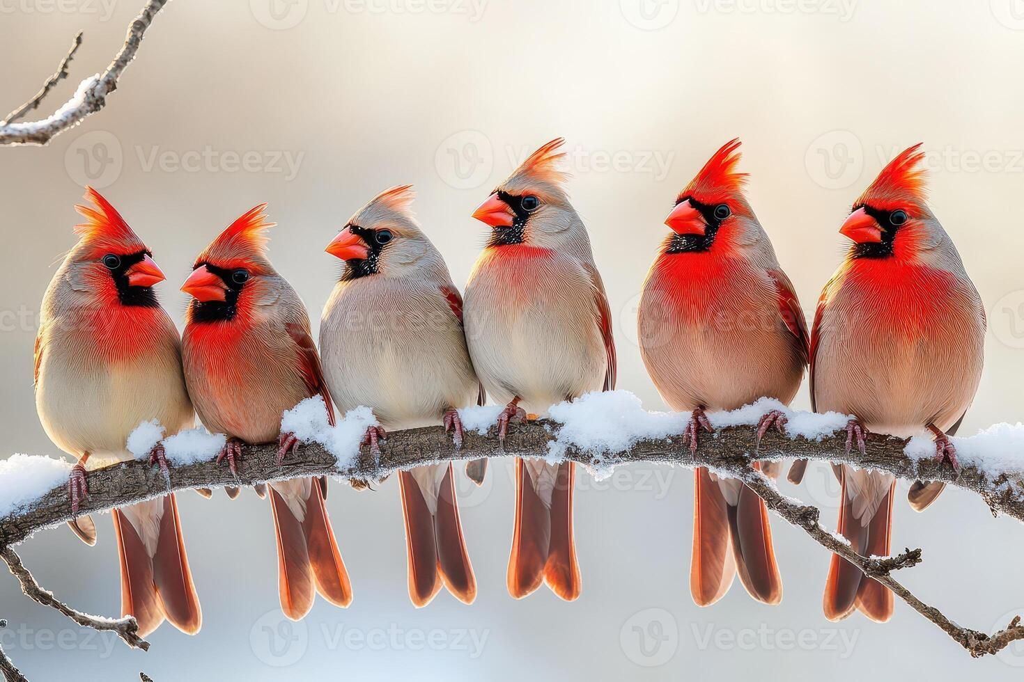 Five cardinal birds sitting on a branch in the snow photo