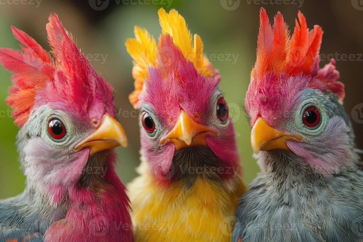 Three colorful birds with red, blue and yellow feathers photo