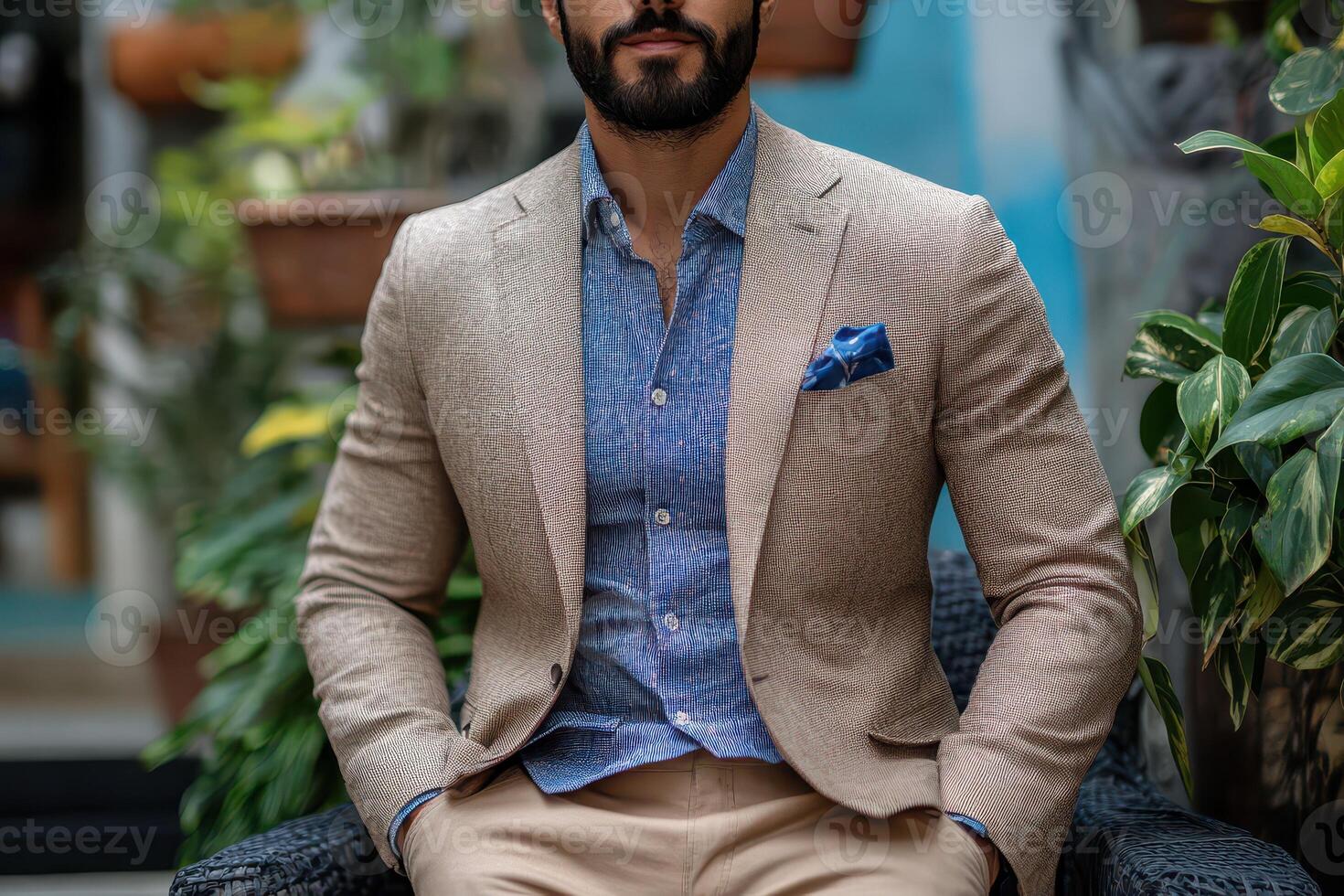 A man in a tan suit and blue shirt sitting on a chair photo