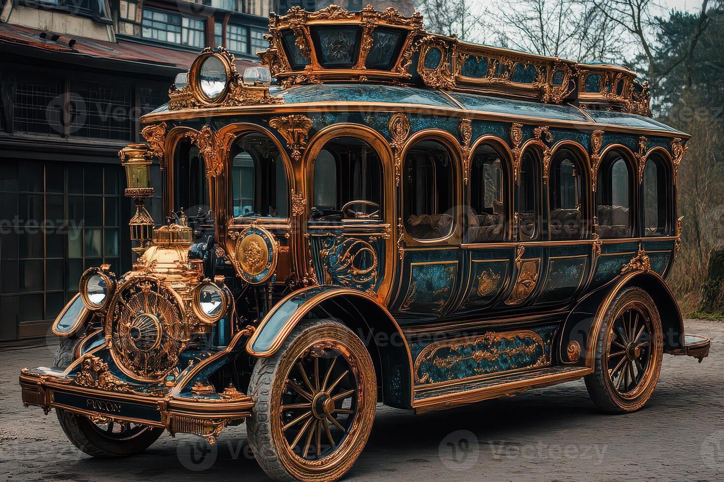 An old fashioned bus is parked on the street photo