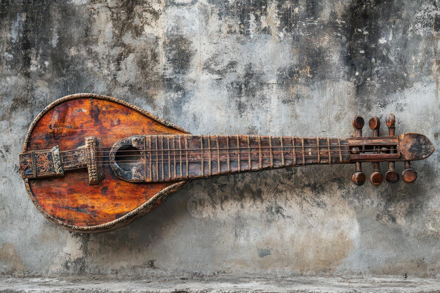 An old guitar hanging on a wall photo