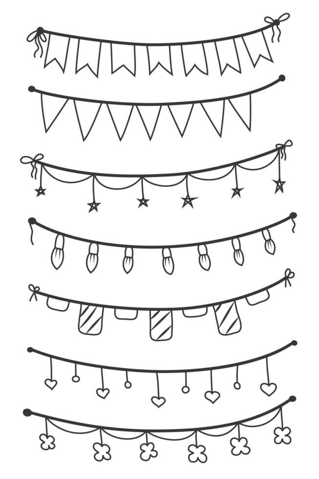 Set of hand drawn doodle garlands and flags vector
