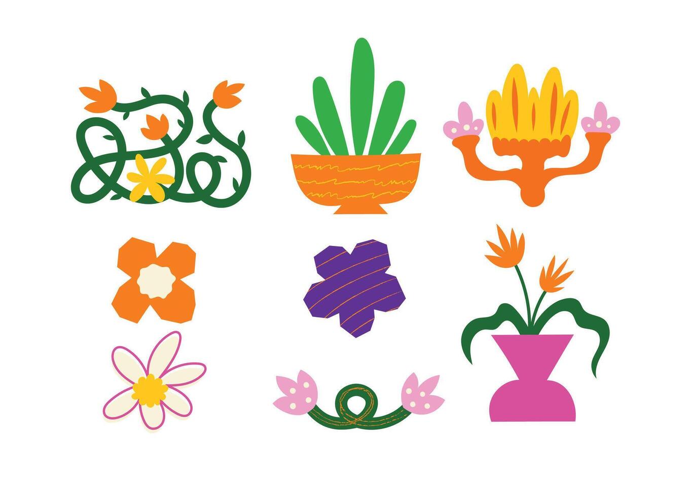 Abstract floral poster designs Bright summer prints set Modern flower in vase vector