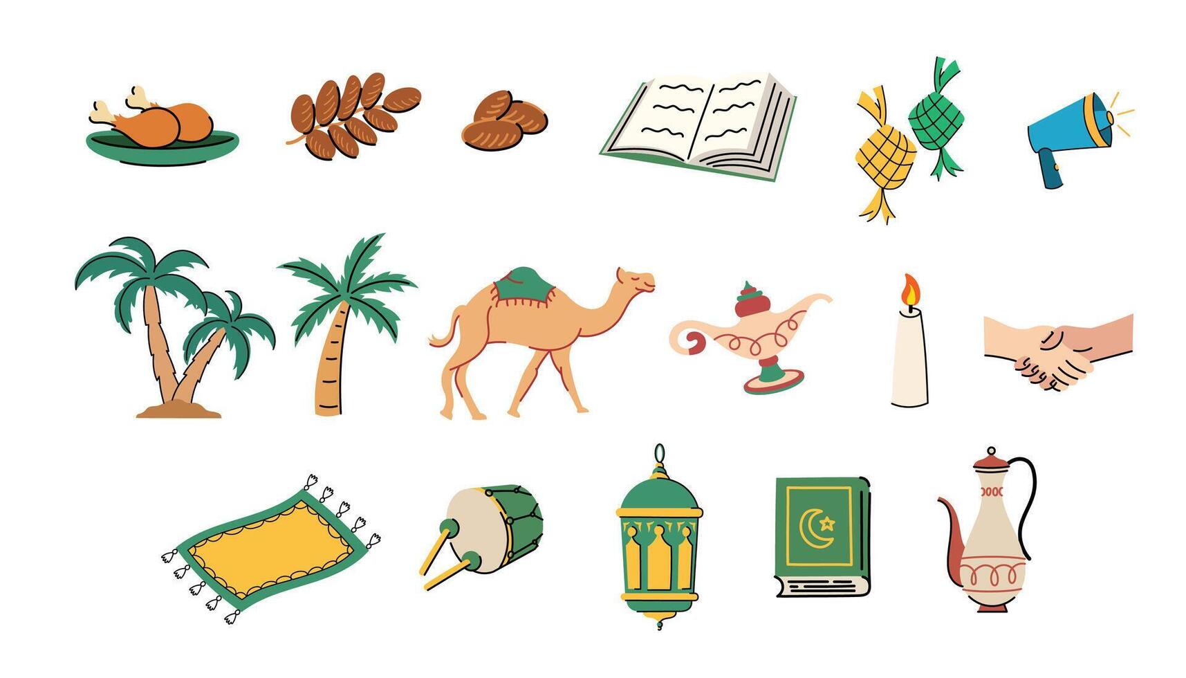 Set of Muslim Day Eid Mubarak and Ramadan elements icons illustration vector