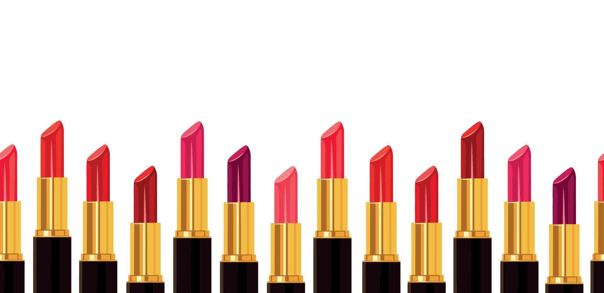 Seamless background with colored lipsticks in cartoon style. Illustration of lipstick tubes of different colors, pink, red, purple isolated on white background. Decorative cosmetic product. vector