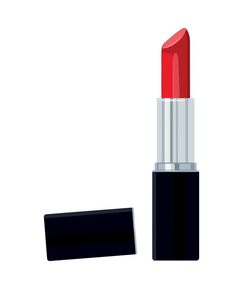 Red lipstick in a cartoon style. Illustration of luxury bright lipstick in black and silver tube isolated on white background. Cosmetic decorative product.Lipstick for applying lip makeup. vector