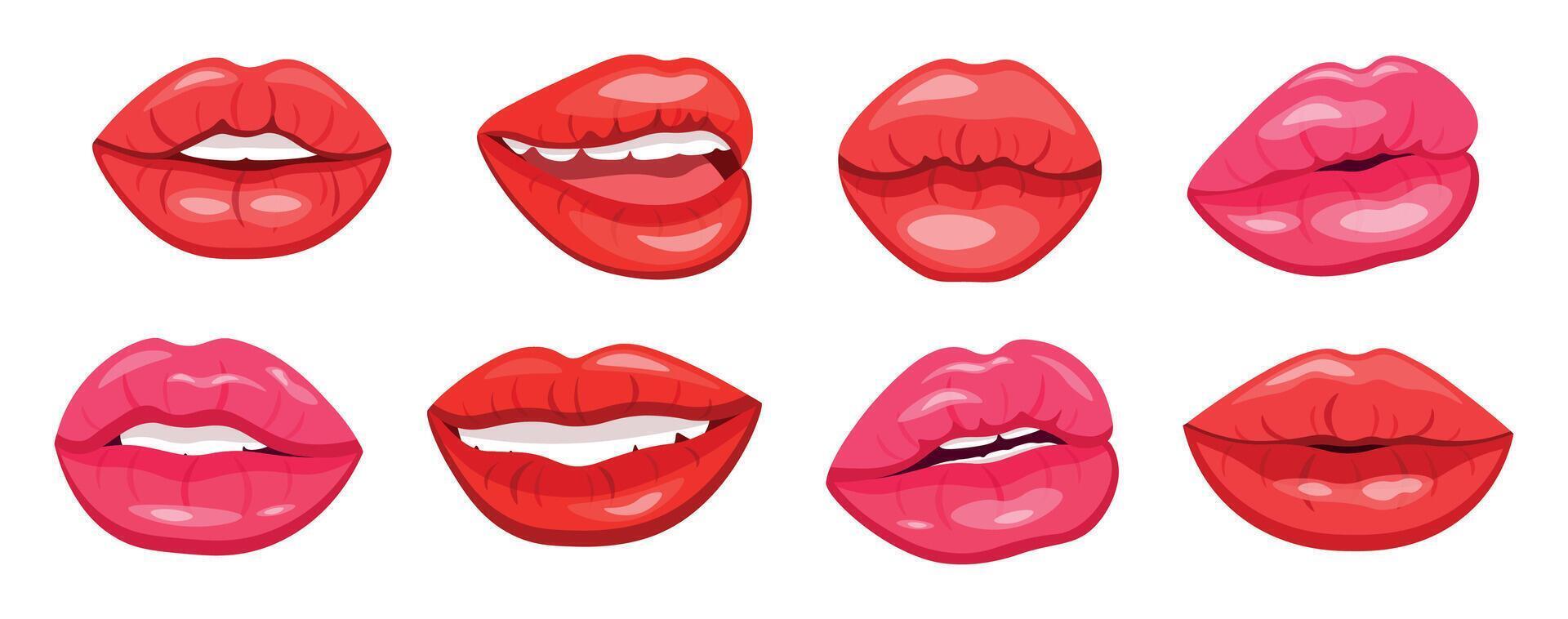 Set of plump female lips in cartoon style. Illustration of sexy, seductive red, pink, coral female lips of different shapes with white teeth isolated on white background. Emotional expressions. vector