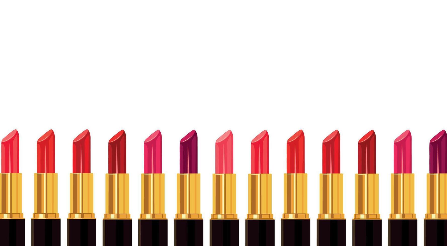 Background with colored lipsticks in cartoon style. Illustration of lipstick sticks in gold, black cases of different colors, pink, red, purple isolated on white background. Makeup. vector