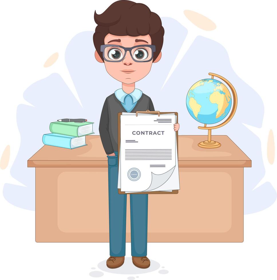 Professional Office Worker with Glasses Holding a Contract Standing by a Desk with Books and a Globe vector