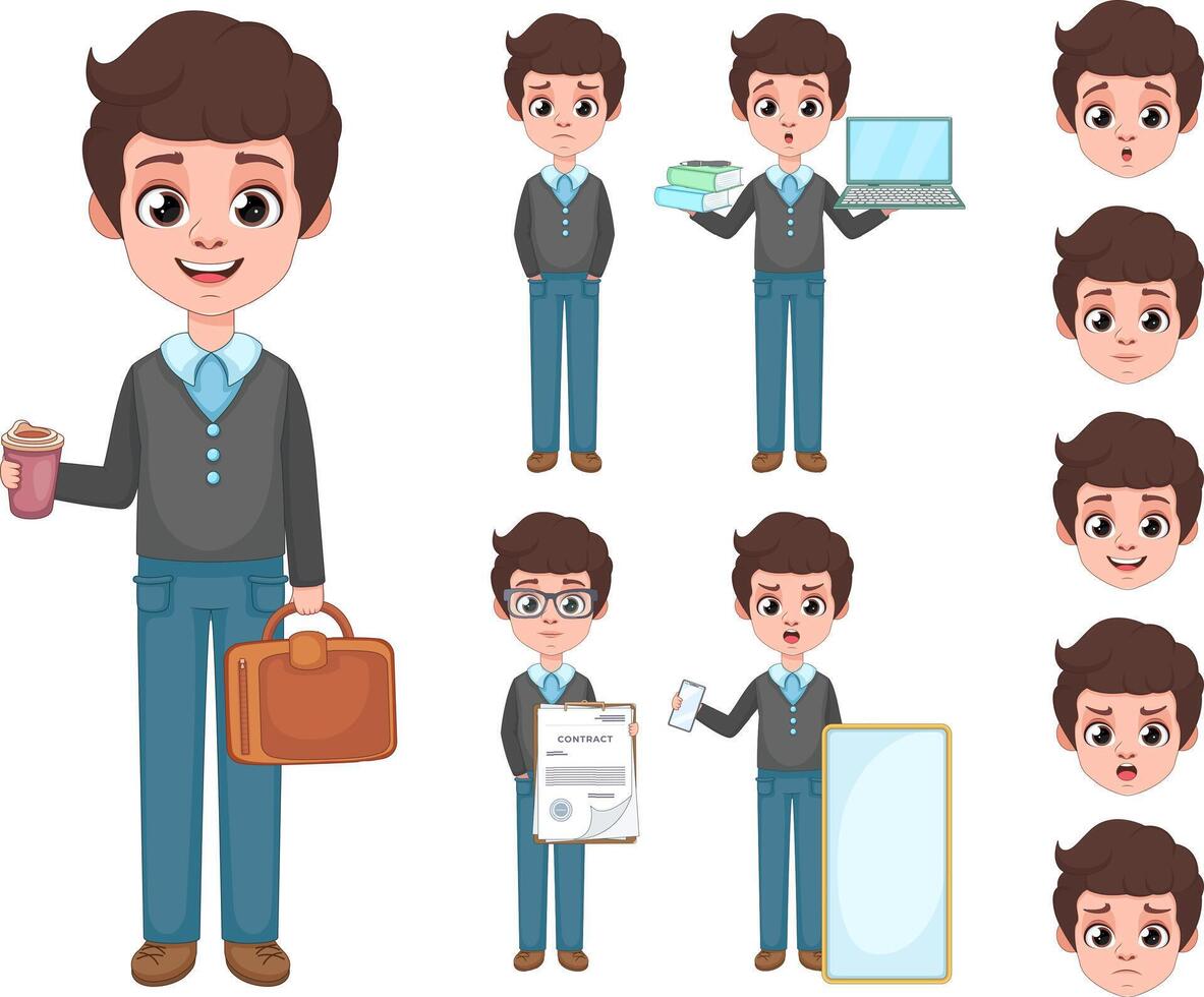 Office Worker Character Set. Businessman with Different Emotions and Office Items vector