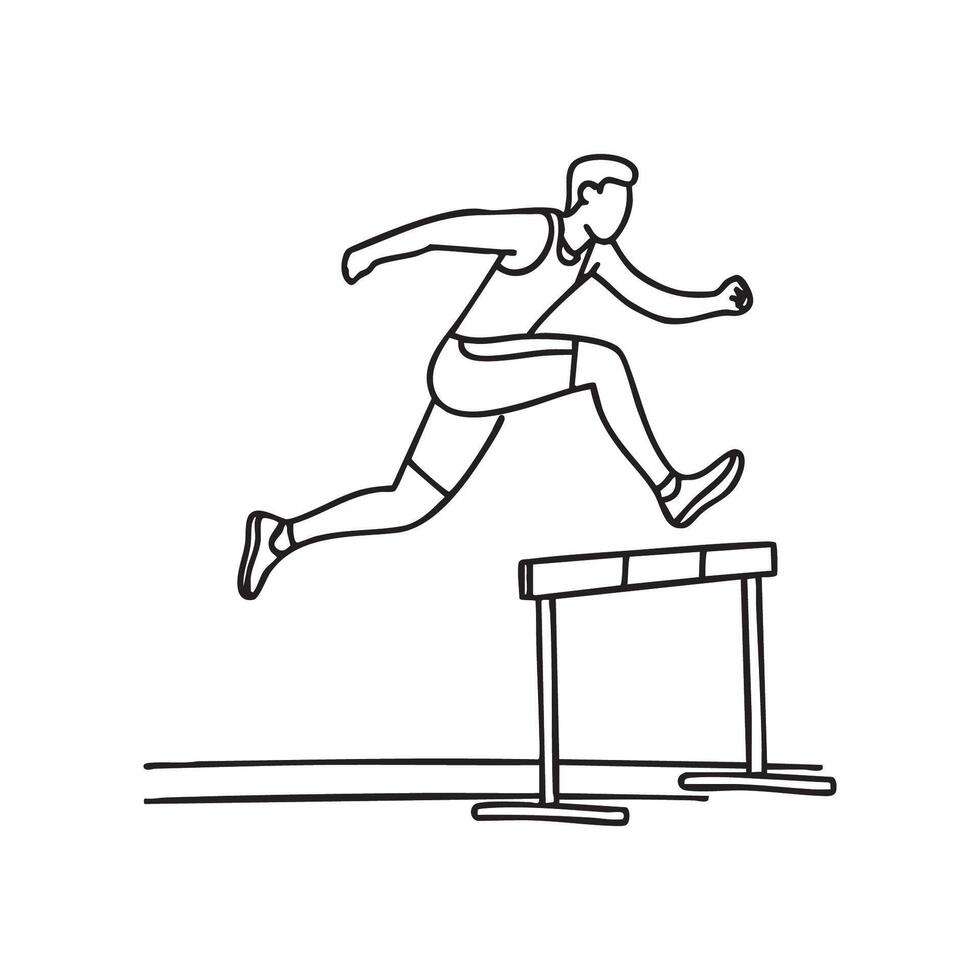 A runner jumping over a hurdle obstacle on a racetrack vector