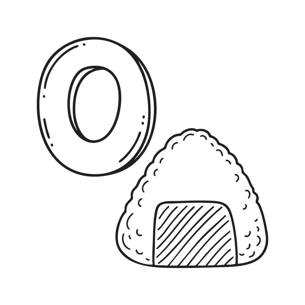 An illustration of letter O stand for Onigiri beside it vector
