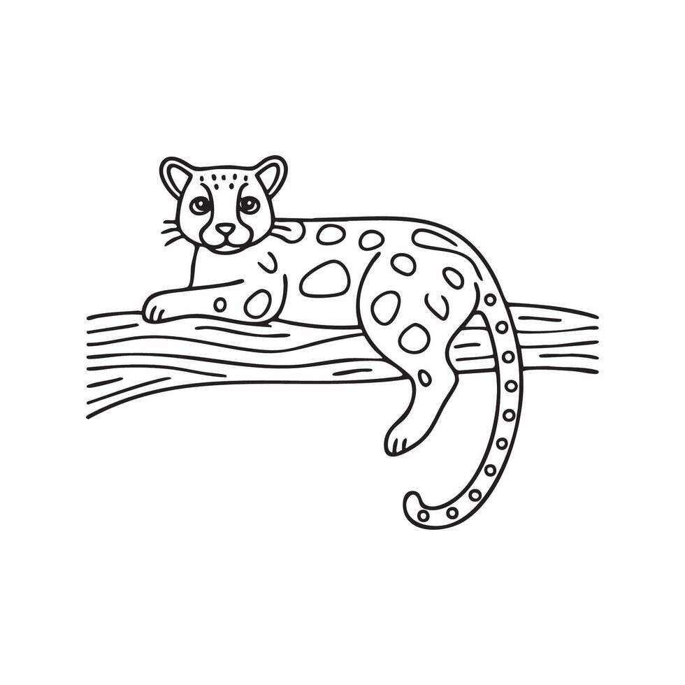 An ocelot resting on a tree branch in the jungle vector