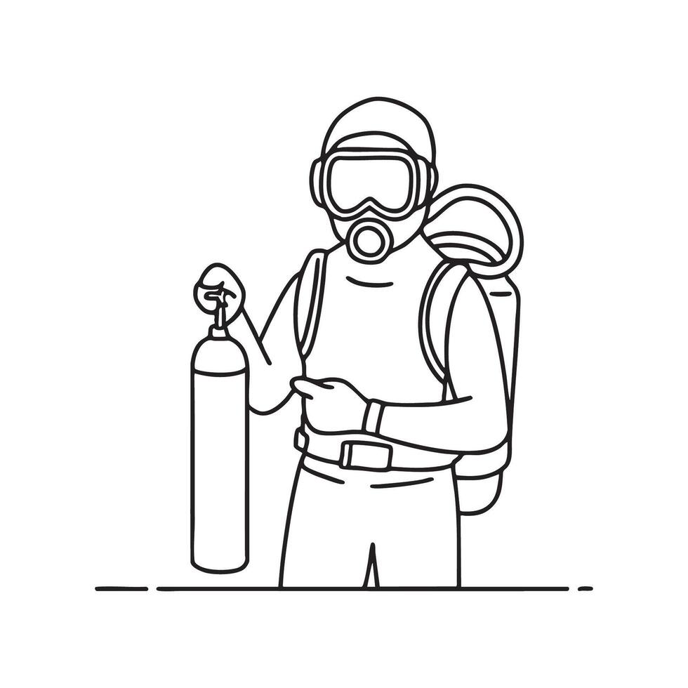 A diver adjusting an oxygen cylinder before diving vector