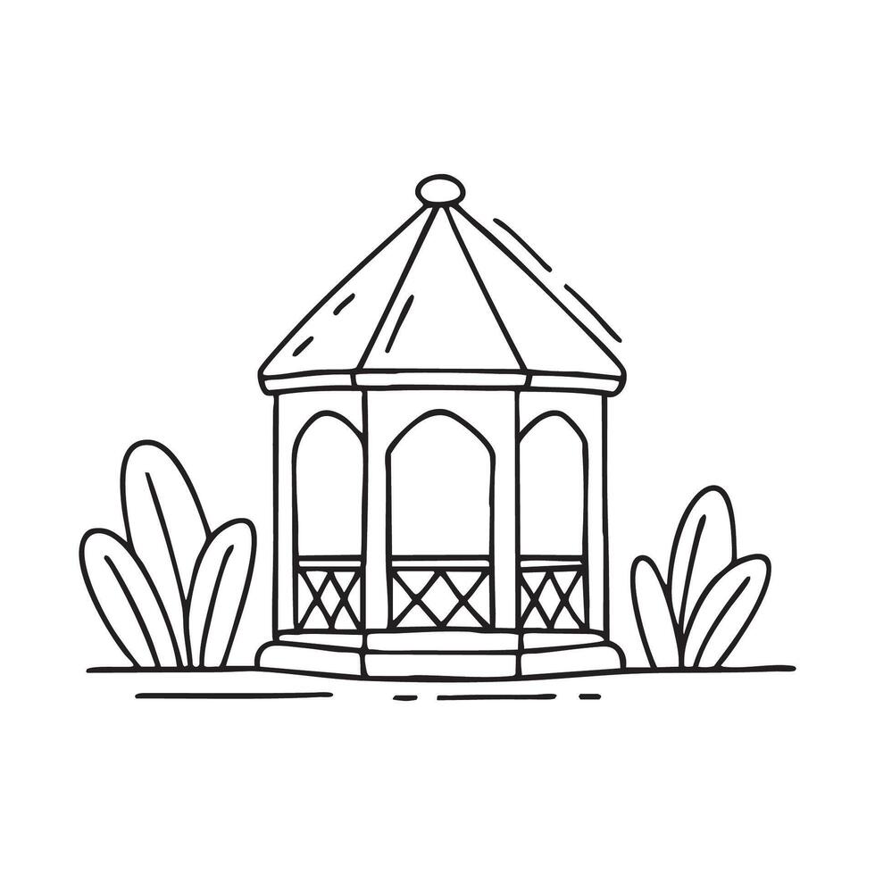 A gazebo with an octagonal roof in a garden vector