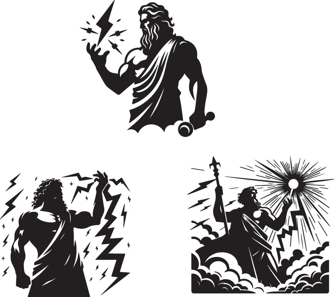 Set of four black and white images of the god zeus vector