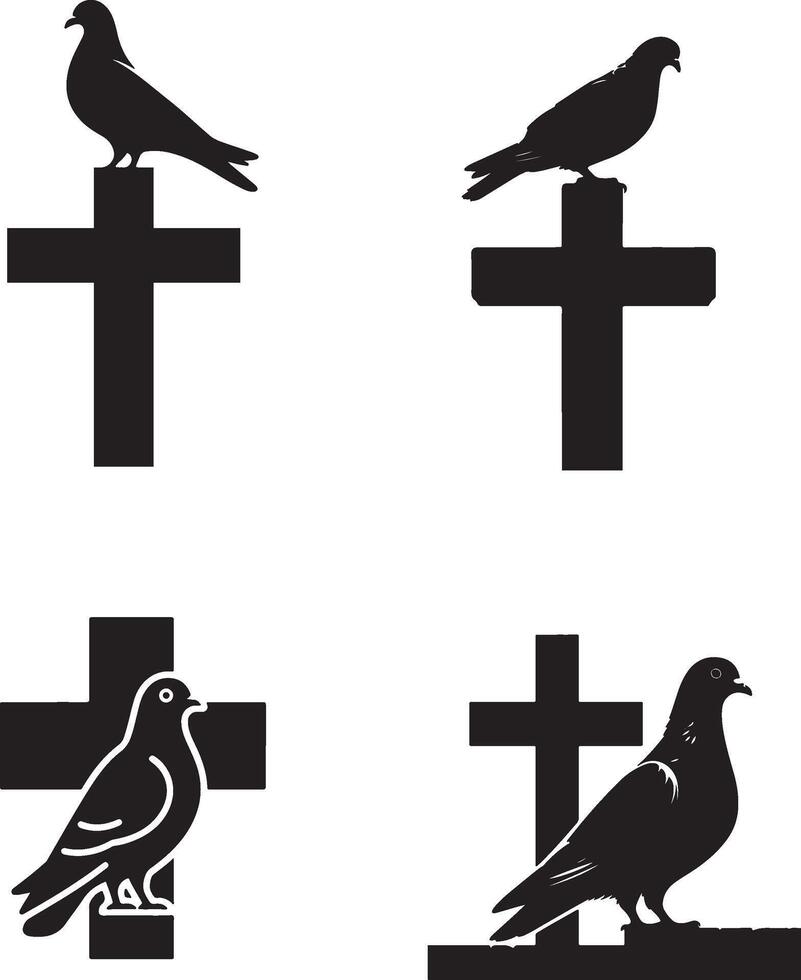 Four black silhouettes of birds on crosses vector
