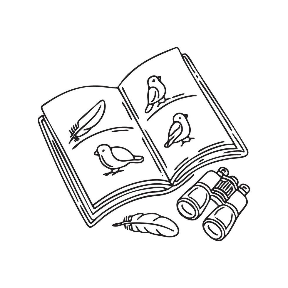 An open field guide showing different bird species next to a binoculars and feather vector