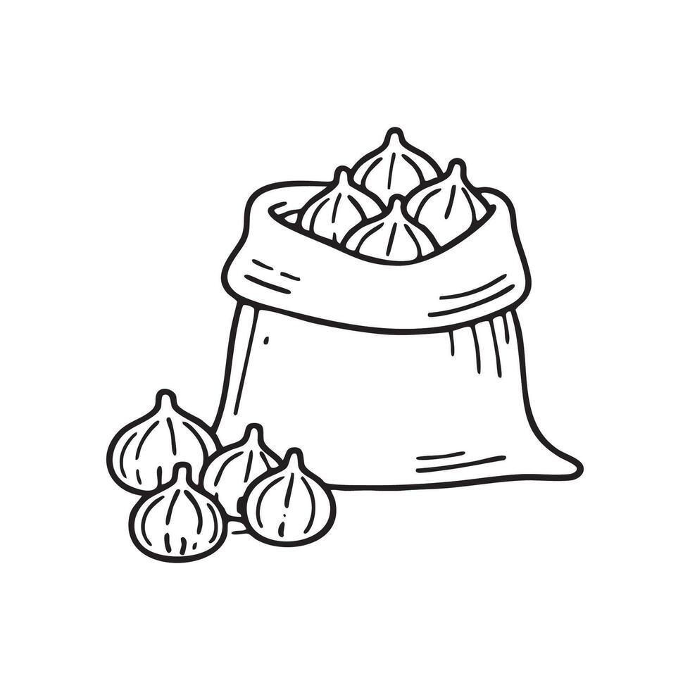 A burlap sack filled with onions spilling onto the ground vector