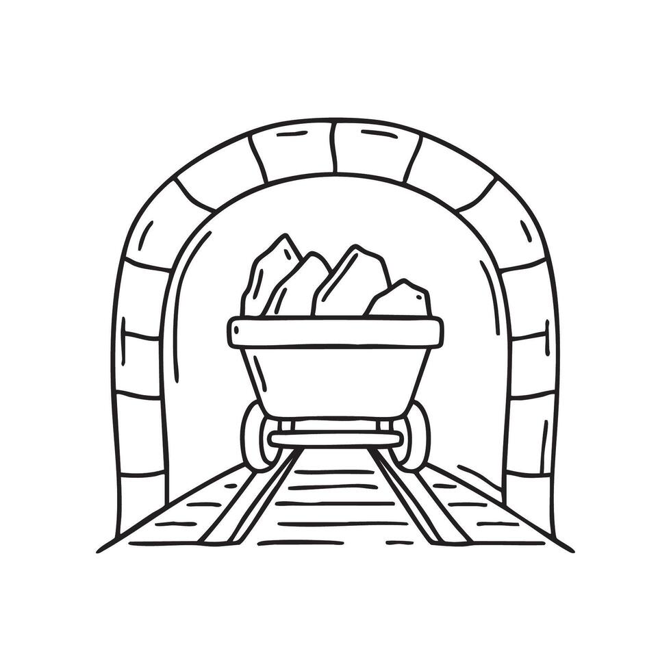 A cart filled with ore emerging from a dark mine tunnel vector