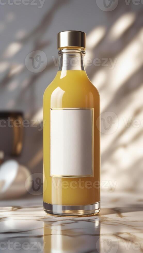 A golden liquid inside a glass bottle with a blank label and gold accents. Set on a marble surface with soft lighting to highlight design. photo