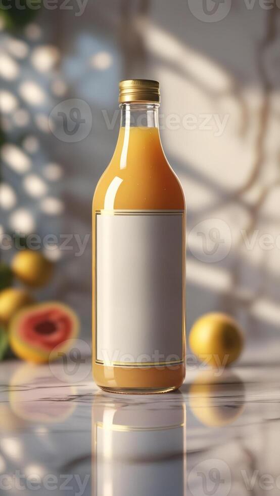 Elegant glass bottle filled with golden juice, a healthy and refreshing drink. Natural light enhances its appealing look. photo