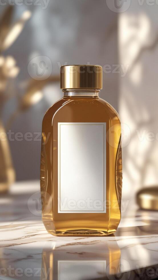 Elegant bottle with golden accents, perfect for showcasing premium honey or syrup. Adds a touch of luxury to your kitchen or pantry. photo