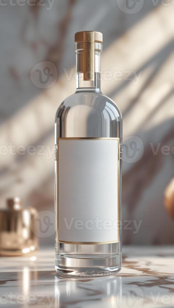 An elegant clear glass bottle with gold accents, offering a blank canvas for branding against a refined marble backdrop, promising luxury. photo