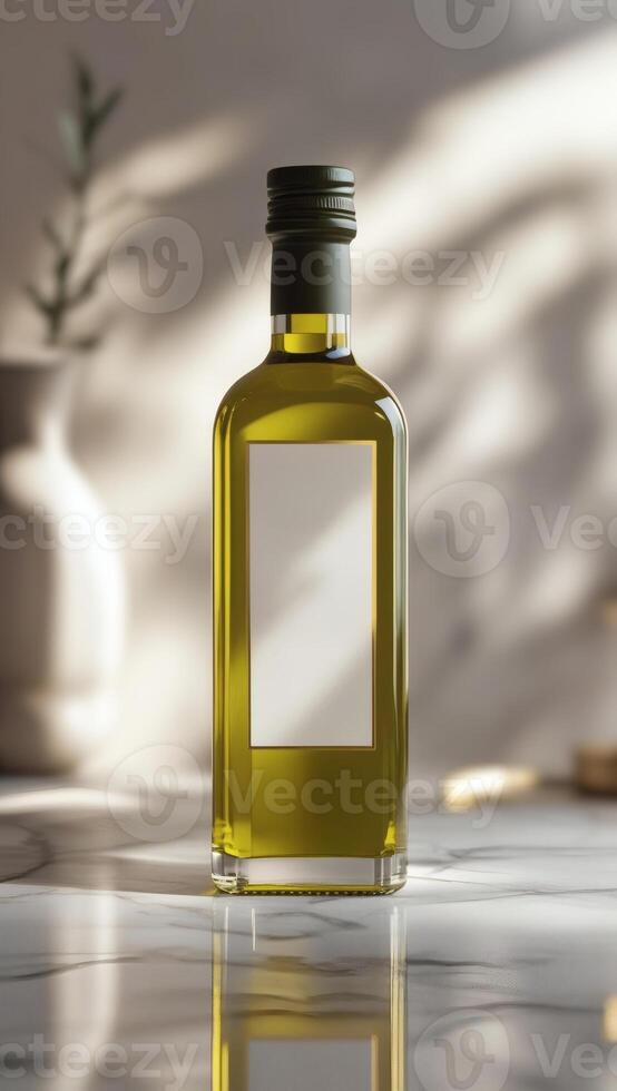 Elegant glass bottle filled with golden olive oil, showcasing a minimalist label. Perfect for culinary enthusiasts seeking quality and style. photo