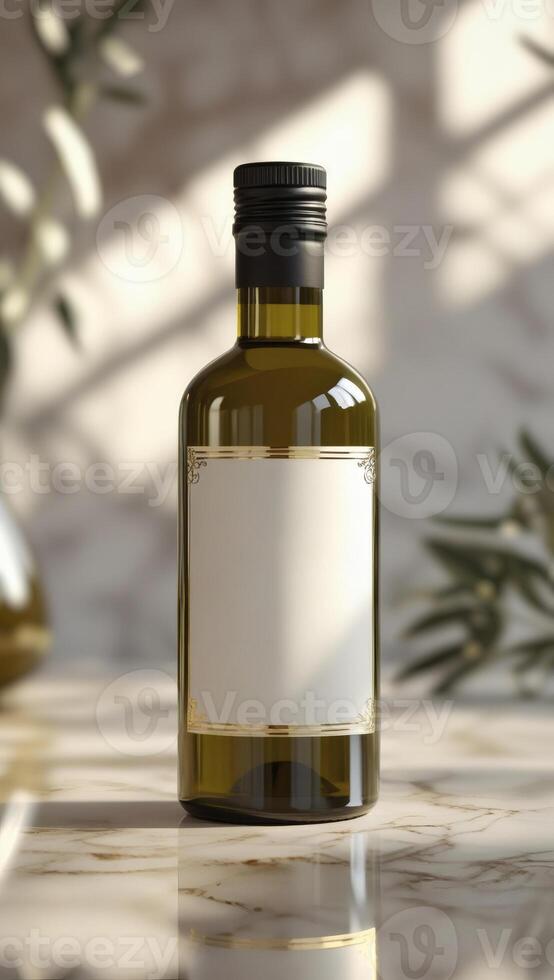 Elegant glass bottle with a blank label, ideal for branding olive oil or premium skincare, set against a bright, marble backdrop. photo