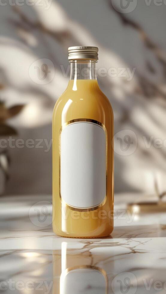 Elegant glass bottle with a blank label, filled with a vibrant yellow liquid, set against a luxurious marble background. Refined and upscale. photo