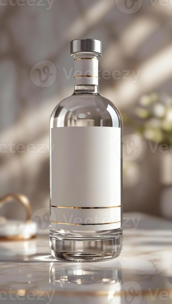 Elegant glass bottle with silver cap and gold accents, resting on a marble surface with delicate floral background, capturing refined luxury. photo