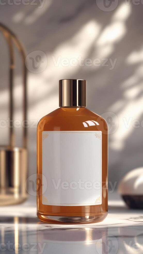 Elegant oil bottle featuring a gold cap and blank label, set against a marble backdrop and dappled light. photo